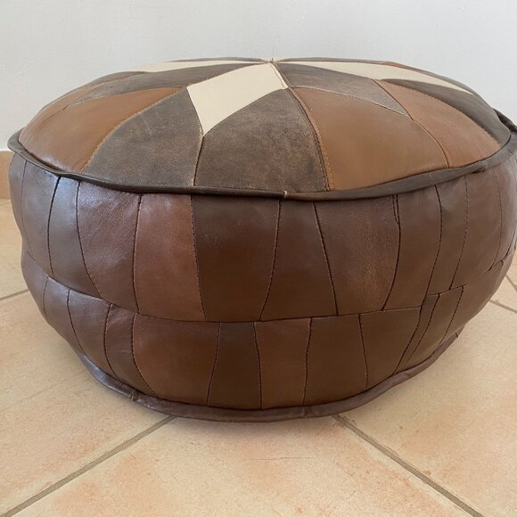 Round Leather Pouf Ottoman - Picture 1 of 7